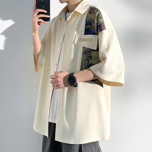 新中式小熊刺绣短袖衬衫男夏季国风大码长袖衬衣潮牌潮流休闲外套