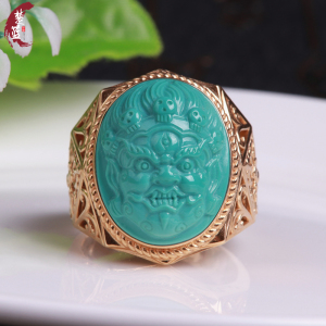 湖北天然原矿绿松石18k金戒指女雕刻大黑天戒面戒指男款指环配饰