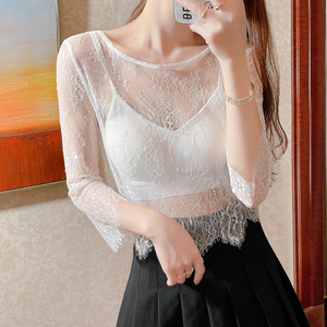 白色蕾丝上衣女夏季薄款防晒网纱罩衫镂空透明内搭短款纱衣打底衫