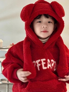 儿童秋冬款洋气红色卫衣男童毛茸茸兔耳朵喜庆年服中小童保暖外套
