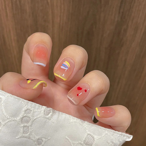 彩虹微笑法式美甲贴片纯手绘学生穿戴甲冰透显白可爱纯欲腮红甲片