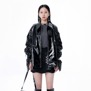 cottia外套女秋冬2021年新品休闲亮面抽绳尖领亮光皮衣c21fs38