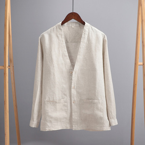 复古中国风和尚领长袖亚麻上衣男宽松休闲衬衣练功服薄款亚麻衬衫