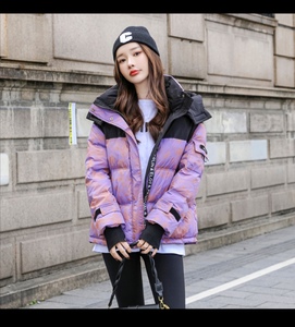 新款紫色羽绒服短款2021拼色韩版宽松连帽可拆卸白鸭绒轻薄外套女