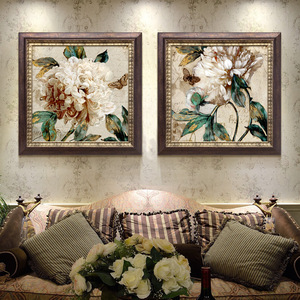 三千年美式简欧式复古风格客厅玄关白牡丹花卉沙发背景壁挂装饰画