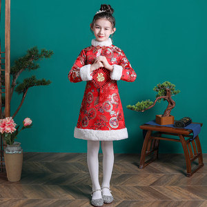 女童旗袍冬季红色中国风高端新年长袖儿童加厚加绒拜年服改良冬款
