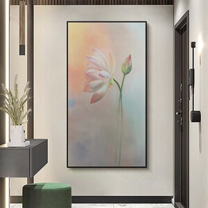 纯手绘油画玄关入户走廊荷花新中式花卉挂壁画现代简约装饰画竖版