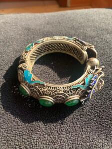 清代银包玉老冰种翡翠翠玉镶嵌足银纯银二龙戏珠男女手镯景泰蓝