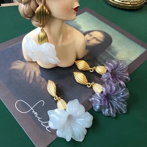 西洋法式浪漫白色紫色玉兰花朵电镀真金银针耳钉耳夹中古雾金耳坠