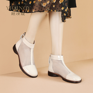 罗马凉鞋2024年新款女夏季白色真皮镂空短靴时尚网纱鞋子平底鞋女