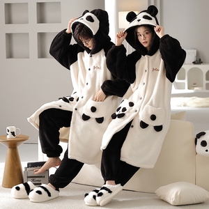 浪漫春天卡通情侣睡衣女加厚保暖珊瑚绒冬季套装新款熊猫睡袍男士