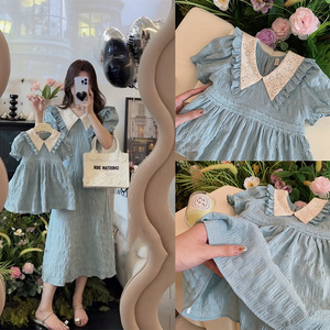 韩版母女装翻领系带公主裙夏季新款亲子装显瘦时髦长款蓝色连衣裙