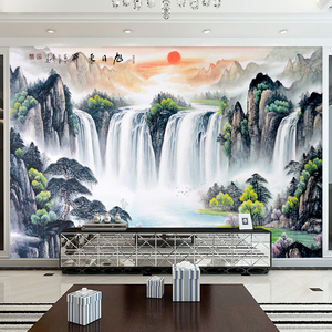 旭日东升电视背景墙山水画风景客厅装饰壁画墙布沙发中式壁纸墙纸