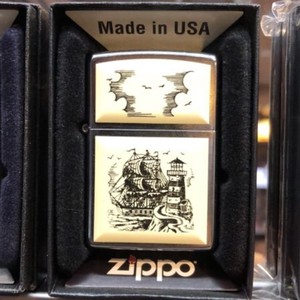 原装zippo仕林说手绘359船与灯塔扬帆远航两面白雅士兽骨贝雕98版