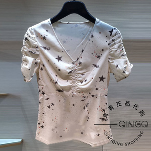 正品哥弟新款2022夏季专柜同款网纱星星印花v领短袖t恤女1300519