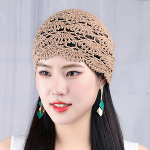 手工钩花帽子女春秋夏单层编织针织帽时尚镂空遮白发帽复古瓜皮帽