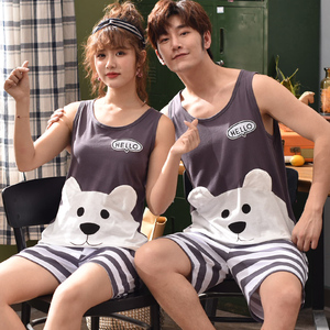 2套价 情侣纯棉背心睡衣夏季无袖女可爱套装男家居服卡通韩版全棉