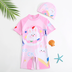 女孩儿童泳衣新款中小童卡通粉色兔子宝宝连体短袖舒适学游泳装备