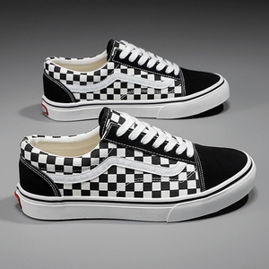 万斯正品青年黑白格子夏季帆布男鞋舒适透气潮流时尚百搭休闲板鞋