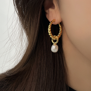 innosense两戴麻花吊天然珍珠耳环2022年新款高级感个性气质耳饰