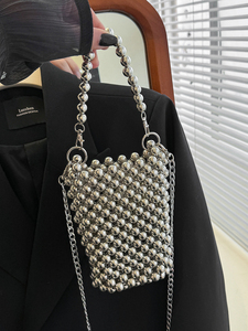 拍照好看的包包女新款网红百搭串珠包小手拎包珍珠链条斜挎手机包
