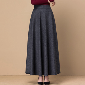 春秋半身裙女长裙大码百褶灰色毛呢加厚高腰a字大摆中长款半截裙