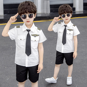 男童机长制服夏季24新款儿童飞机服短袖衬衫套装男孩帅气机师服潮