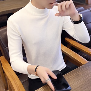 秋冬季毛衣男士韩版半高领毛衣保暖针织衫个性线衣修身白色打底衫
