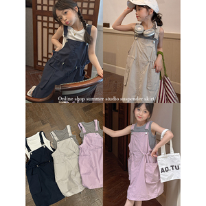 韩国夏装女童休闲背带连衣裙子+儿童背心T恤上衣=工装风两件套装