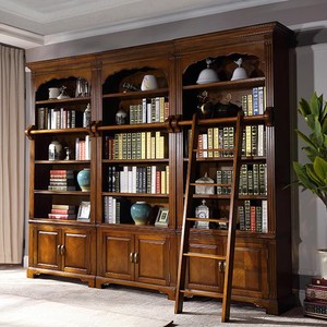 美式书柜带门欧式实木书柜自由组合书架复古家具转角玻璃门大书橱