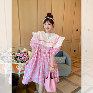 JENNIFER JXLIU韩国夏甜美粉红色爱心桃木耳边领泡泡袖短裙连衣裙