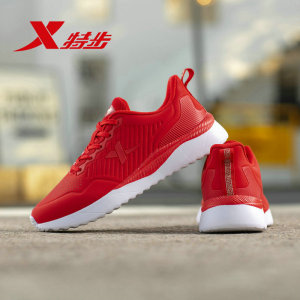 特步男鞋大红色运动鞋春秋季女青年红色跑步鞋女鞋红色休闲鞋学生