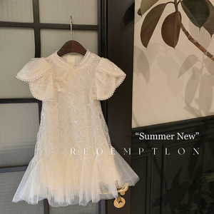 女宝宝连衣裙2023夏季新款洋气时髦小女孩旗袍网纱白色时尚公主裙
