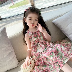 韩国女宝宝夏装中小童碎花吊带连衣裙女孩时髦洋气休闲沙滩公主裙