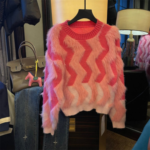 时尚名媛拼色波浪条纹毛衣女2022冬季新款高级感加厚长袖套头针织