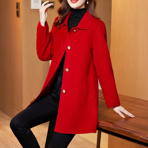 红色双面羊绒大衣女中长款高端修身结婚宴会服2021年冬羊毛呢外套