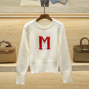 miu家法式宽松字母刺绣短款套头羊毛针织衫软糯毛衣女秋冬慵懒风