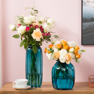 美式现代轻奢高档蓝色玻璃花瓶摆件客厅插花水养鲜花百合绣球玫瑰