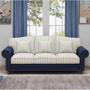 美式地中海风格三人沙发客厅小户型复古蓝色田园直排布艺沙发组合