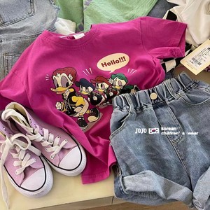 韩国东大门童装女童夏季套装时髦洋气卡通短袖t恤牛仔短裤两件套