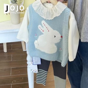 韩国童装女童套装春装洋气女宝宝可爱兔子马甲上衣裤子儿童三件套