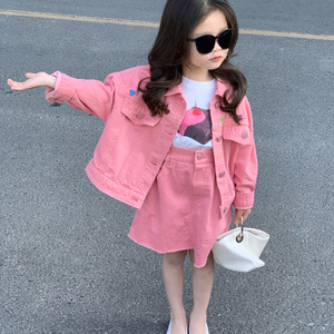 韩版童装女童时髦洋气套装春秋款2023宝宝粉色牛仔外套裙子两件套