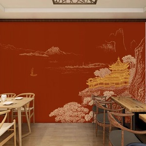 火锅店装修壁纸画3d红色古风山水楼阁客餐厅背景墙纸国风建筑墙布