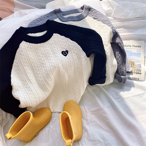 儿童日系软弹麻花针织毛衣23春男女童宽松撞色插肩袖洋气套头衫