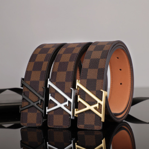 lv&fa新款2024年头层皮v扣真皮腰带h字母格子皮带平滑内扣xl男女