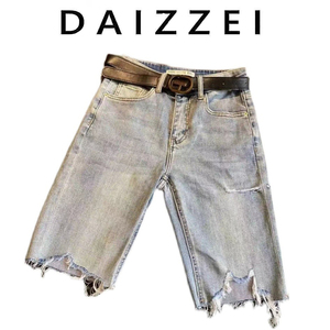 DAIZZEI~破洞牛仔短裤女2022夏季新款时尚高腰显瘦毛边五分直筒裤