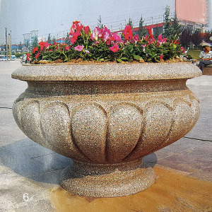 石雕花盆 晚霞红庭院装饰花盆 黄色大理石园林摆件 欧式花盆定做