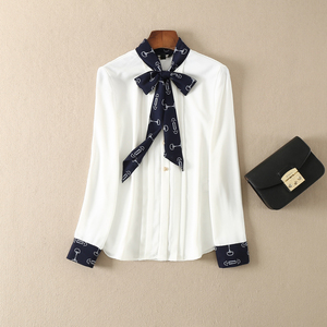 国内原单~聚酯纤维~撞色飘带领长袖女衬衣衬衫