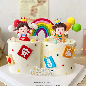 000人付款淘宝双胞胎蛋糕装饰摆件小牛宝宝一周岁生日蛋糕插件男孩