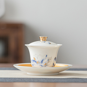 德化羊脂玉高档白瓷功夫茶具单个三才盖碗家用中式惠质金兰陶瓷装